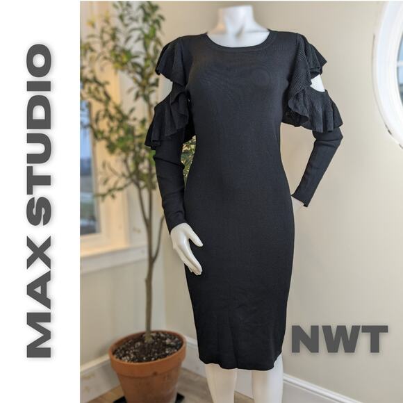 NEW Max Studio Cold Shoulder Long Ruffled Sleeve Black Knit Dress Size Small - Picture 1 of 7